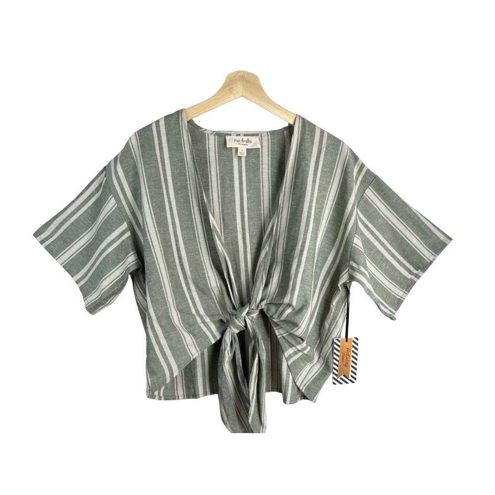 No Frills Los Angeles Green Striped Tie Front Linen Blend CropTop Size Small NWT